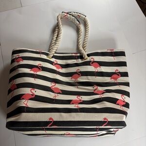 Flamingo Stripe Canvas Beach Tote Rope Handles
